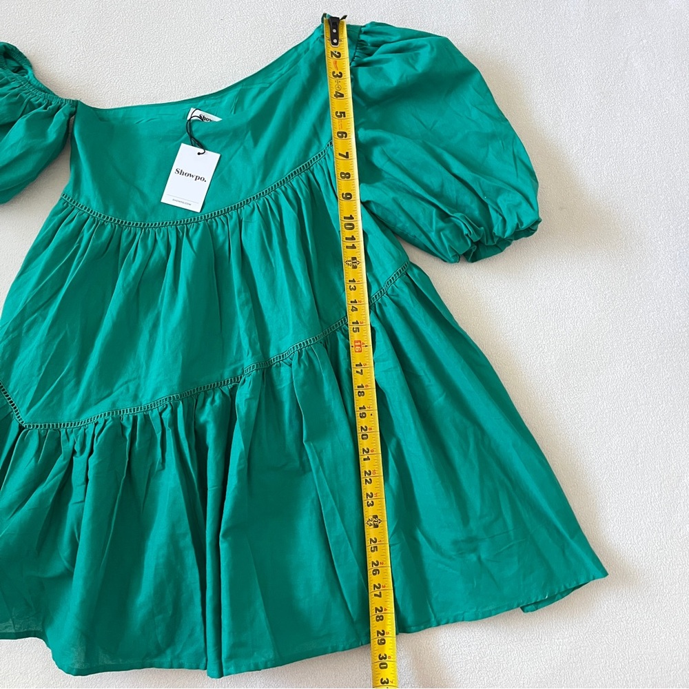 NEW ShowPo Harleen Asymmetrical Puff Sleeve Mini Dress Green Wedding Party Derby - Picture 11 of 11